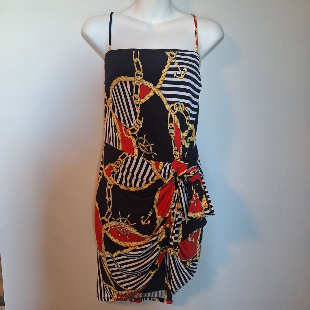 Day & Night Nautical Chain Print Faux Wrap Tie Bodycon Mini Dress Size Large